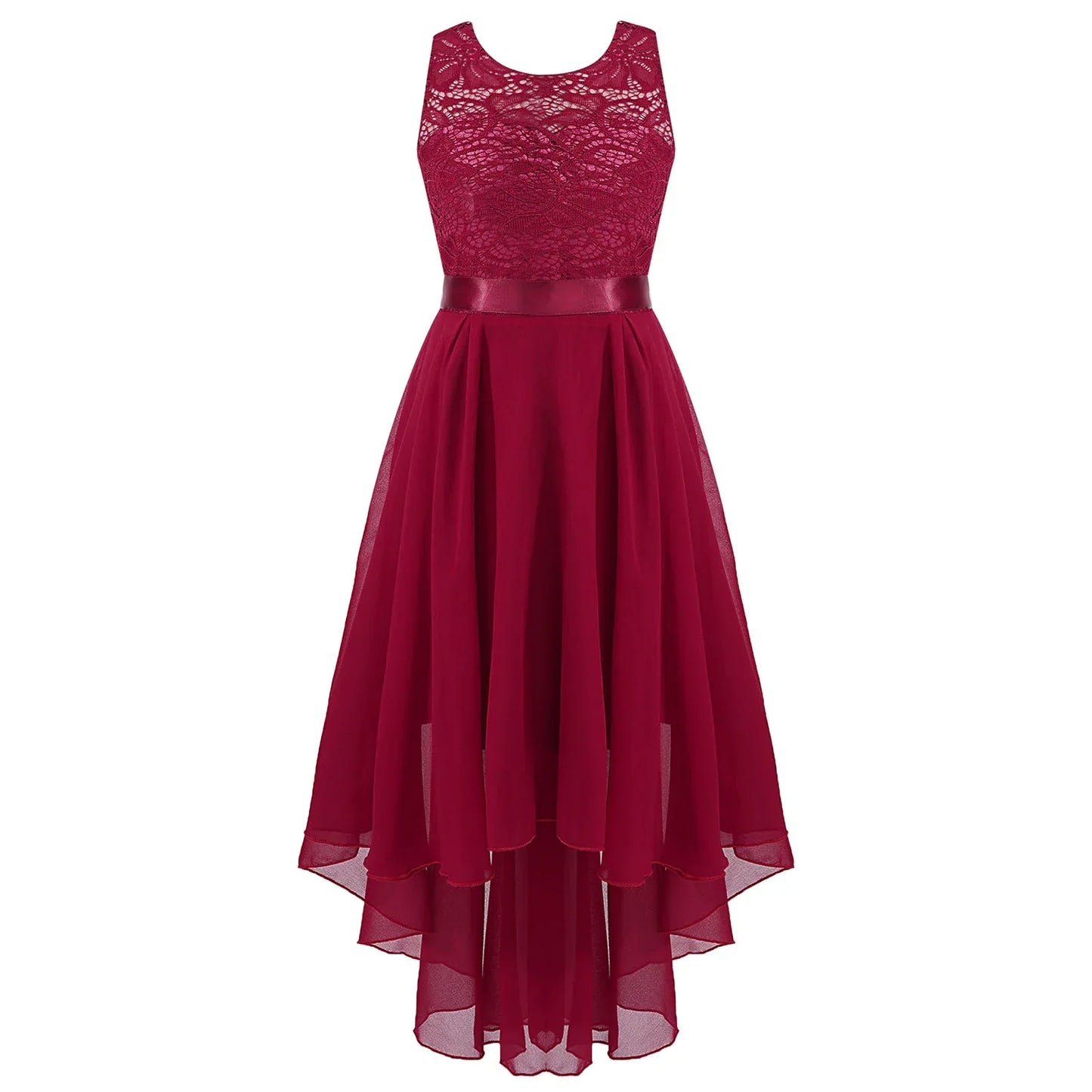Girls Lace Floaty Dipped Hem Dress (Age 6-16 Years) Burgundy