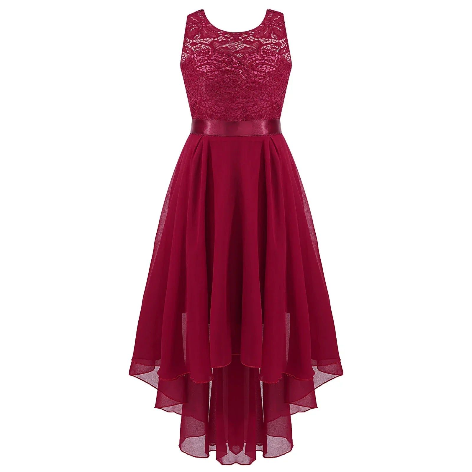Girls Lace Floaty Dipped Hem Dress (Age 6-16 Years) Burgundy