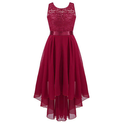Girls Lace Floaty Dipped Hem Dress (Age 6-16 Years) Burgundy