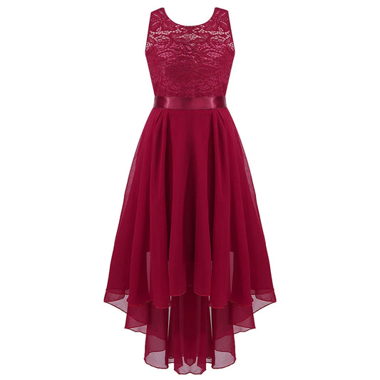 Girls Lace Floaty Dipped Hem Dress (Age 6-16 Years) Burgundy