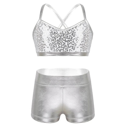 Girls Dance Gymnastics Leotard Sequin Top & Shorts (Age 6-14 YRS)