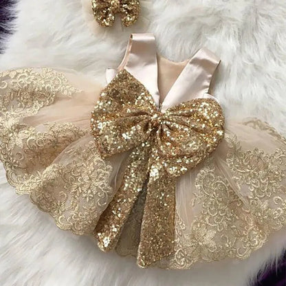 Girls Gold Sequin Bow Embroidered Dress (Age 9M-5YRS)