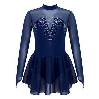 Girls Long Mesh Sleeve Rhinestone Embellished Leotard (Age 6-14YRS) Navy