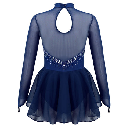 Girls Long Mesh Sleeve Rhinestone Embellished Leotard (Age 6-14YRS)