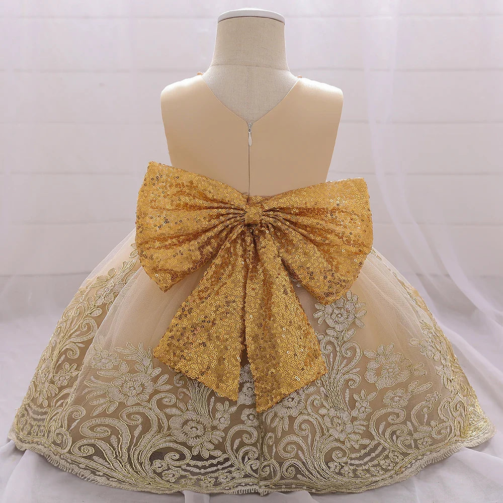Girls Gold Sequin Bow Embroidered Dress (Age 9M-5YRS)