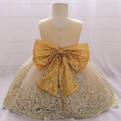 Girls Gold Sequin Bow Embroidered Dress (Age 9M-5YRS)