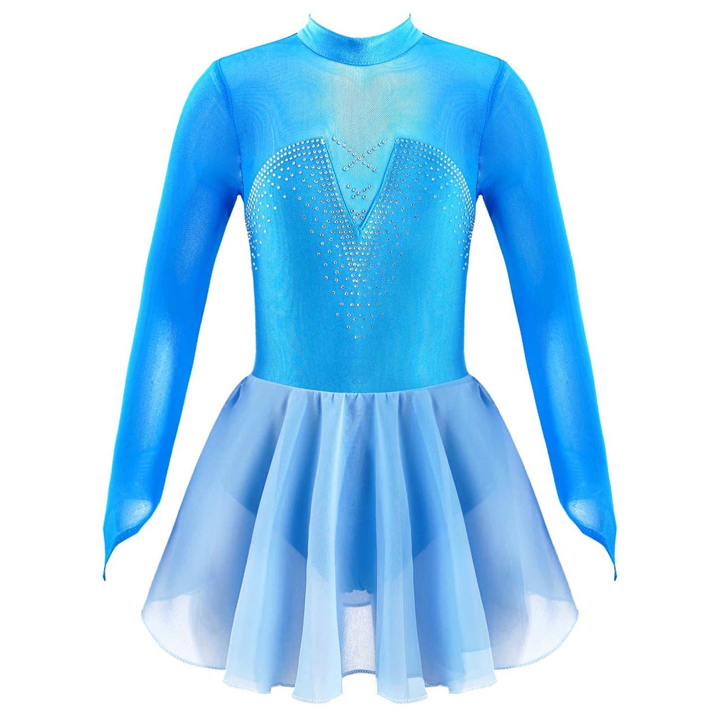 Girls Long Mesh Sleeve Rhinestone Embellished Leotard (Age 6-14YRS) Blue