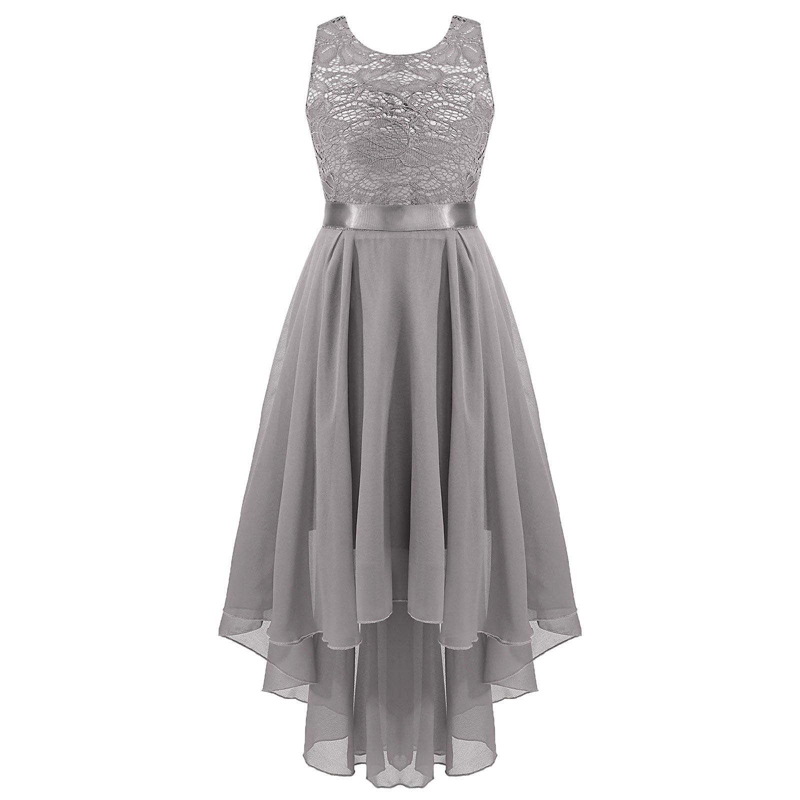 Girls Lace Floaty Dipped Hem Dress (Age 6-16 Years) Grey