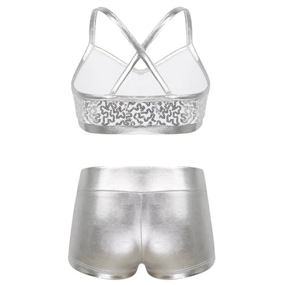 Girls Dance Gymnastics Leotard Sequin Top & Shorts (Age 6-14 YRS)