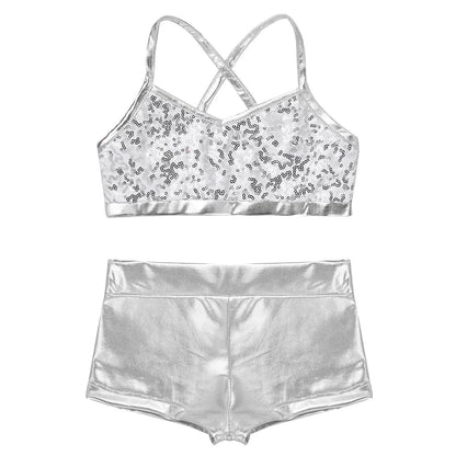 Girls Dance Gymnastics Leotard Sequin Top & Shorts (Age 6-14 YRS)