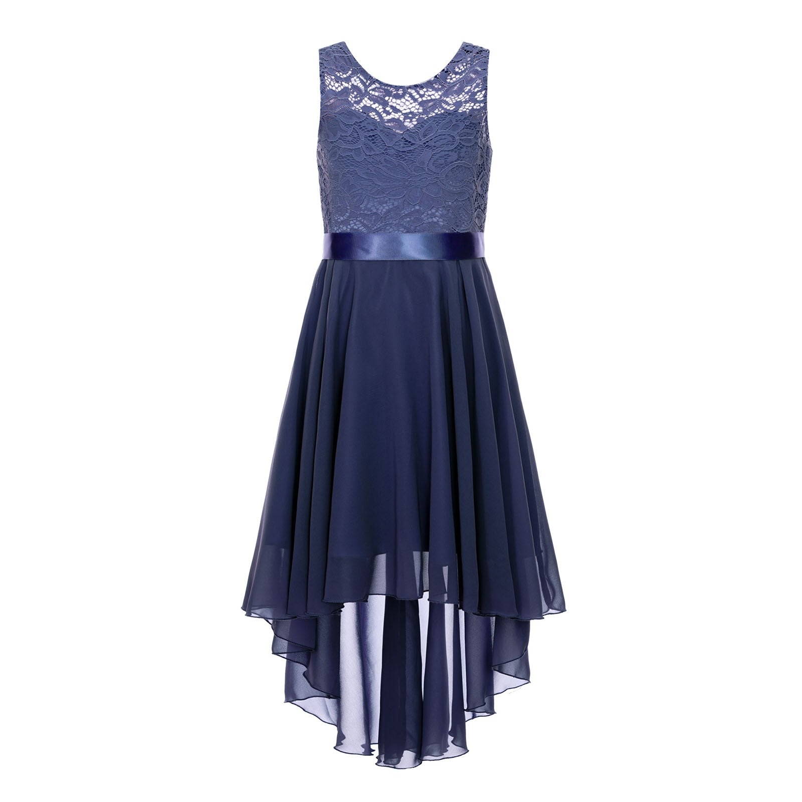 Girls Lace Floaty Dipped Hem Dress (Age 6-16 Years) Navy