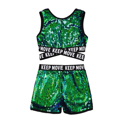 Girls Sequin Dance Top & Shorts Set (Age 4-16YRS)