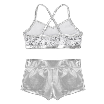 Girls Dance Gymnastics Leotard Sequin Top & Shorts (Age 6-14 YRS)