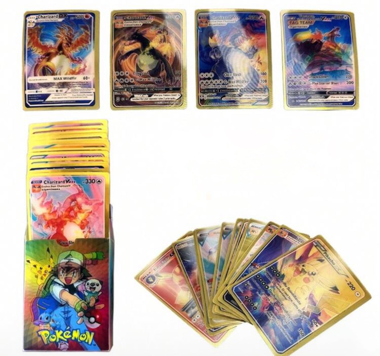 Pokémon Gold Foil Card Set – VMAX/GX/EX (55–110PCS) | Charizard, Pikachu, Arceus Multicolor 55pcs 3D Random Boxes