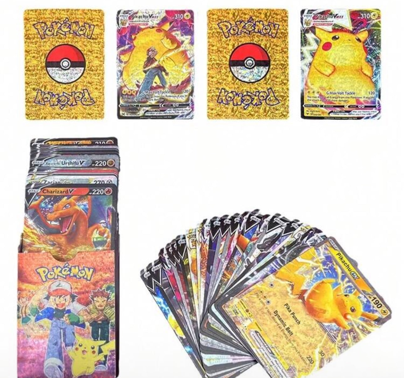 Pokémon Gold Foil Card Set – VMAX/GX/EX (55–110PCS) | Charizard, Pikachu, Arceus Multicolor 55pcs Diamond Random Box