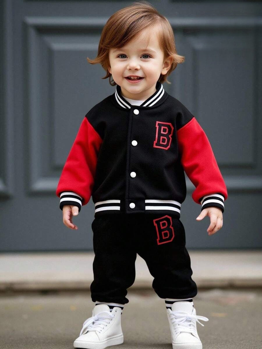 Baby/Toddler Boy Letter Print Baseball Jacket & Pants Set – Fleece-Lined 2PC Outfit | Autumn/Winter | Ages 6M–3Y Red
