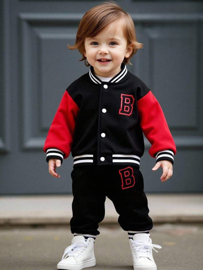 Baby/Toddler Boy Letter Print Baseball Jacket & Pants Set – Fleece-Lined 2PC Outfit | Autumn/Winter | Ages 6M–3Y Red