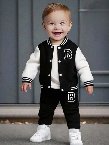 Baby/Toddler Boy Letter Print Baseball Jacket & Pants Set – Fleece-Lined 2PC Outfit | Autumn/Winter | Ages 6M–3Y Black and White
