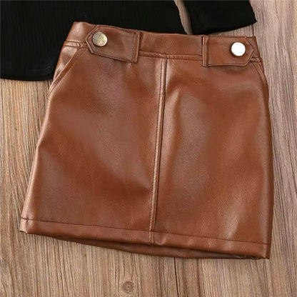 Girls Jumper & PU Leather Skirt Set (Age 12M-9YRS)
