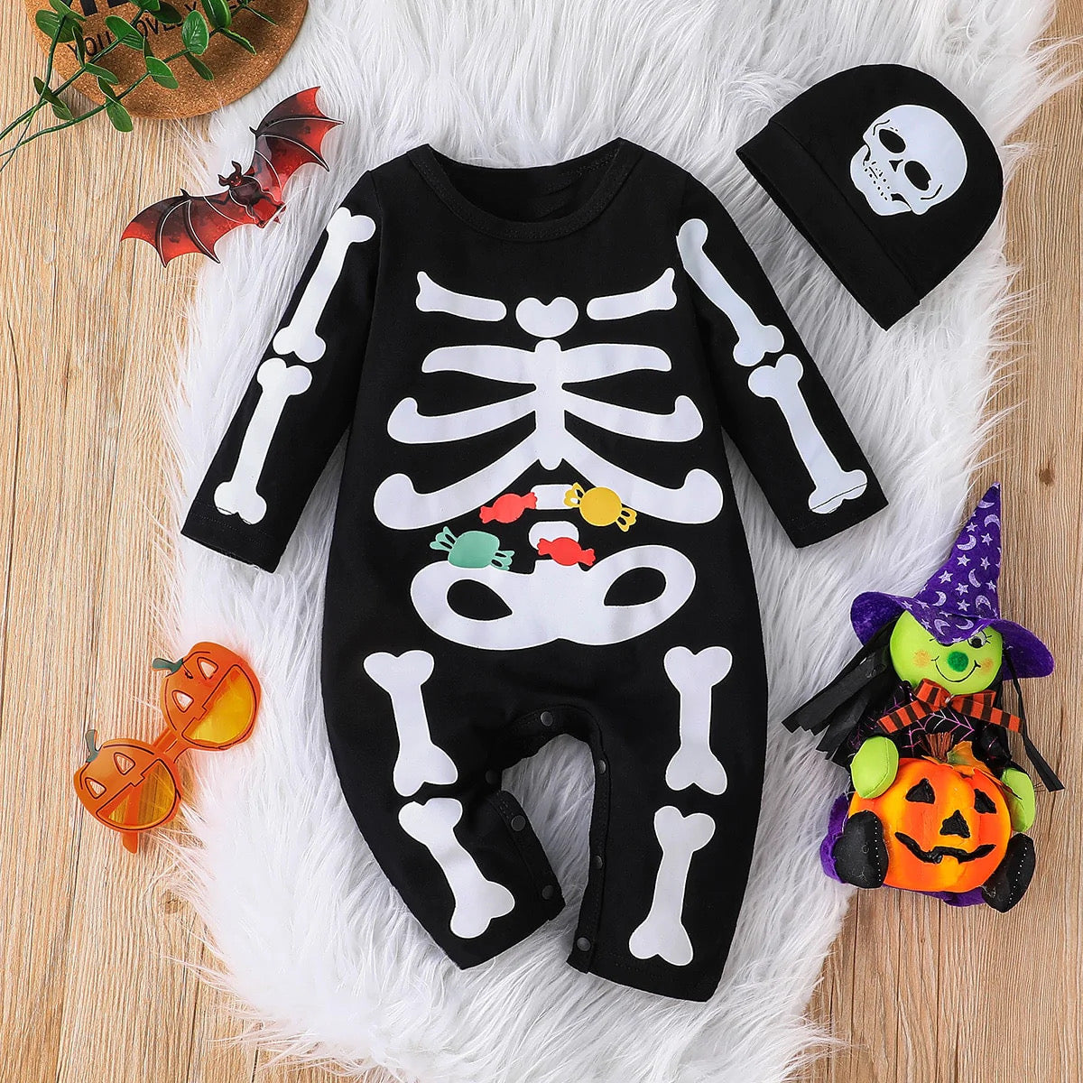 Baby Black Skeleton Print Jumpsuit Gro & Hat (Age Newborn - 18M) Black