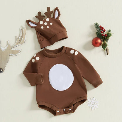 Baby Girls/Boys Reindeer Christmas Romper & Hat (Age Newborn-18M)