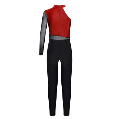 Girls Gymnastics Rhinestones Sheer Mesh Jumpsuit (Age 6-16 YRS)