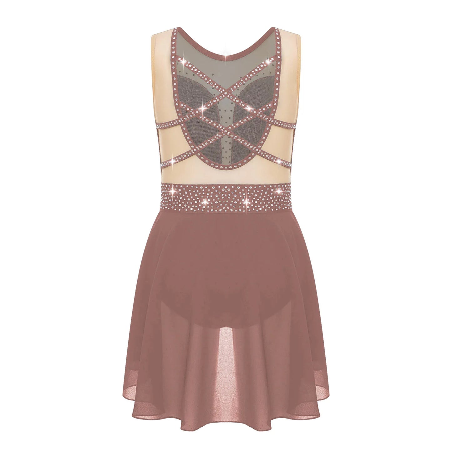 Rhinestone Gymnastics Figure Skating Dress for Teen Girls Sleeveless Sheer Mesh Tutu Ballet Leotard Lyrical Performance Costume
