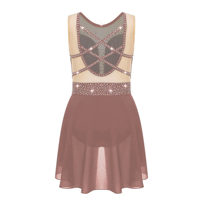 Rhinestone Gymnastics Figure Skating Dress for Teen Girls Sleeveless Sheer Mesh Tutu Ballet Leotard Lyrical Performance Costume