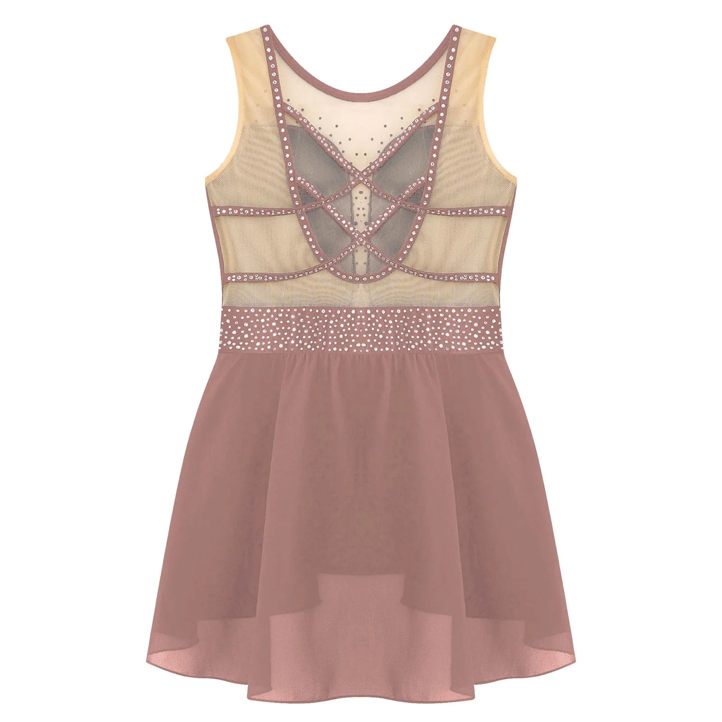 Rhinestone Gymnastics Figure Skating Dress for Teen Girls Sleeveless Sheer Mesh Tutu Ballet Leotard Lyrical Performance Costume