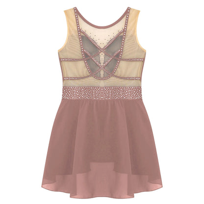 Rhinestone Gymnastics Figure Skating Dress for Teen Girls Sleeveless Sheer Mesh Tutu Ballet Leotard Lyrical Performance Costume