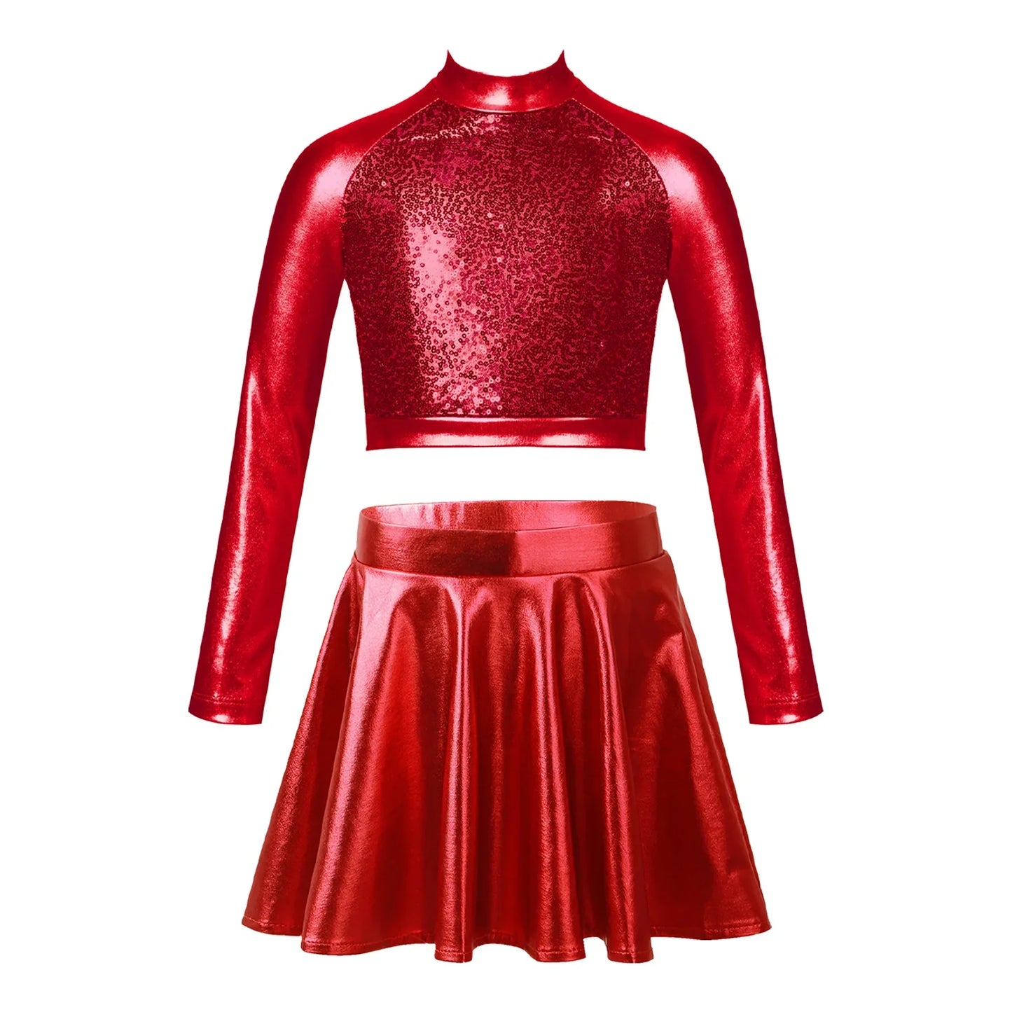 Girls Dance Metallic Long Sleeve Sequin Crop Top & Skirt (Age 6-14YRS)