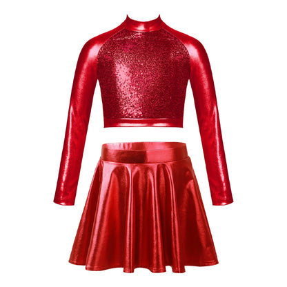 Girls Dance Metallic Long Sleeve Sequin Crop Top & Skirt (Age 6-14YRS)