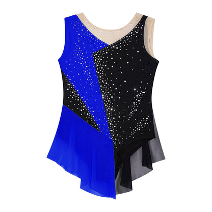Rhinestone Gymnastics Figure Skating Dress for Teen Girls Sleeveless Sheer Mesh Tutu Ballet Leotard Lyrical Performance Costume