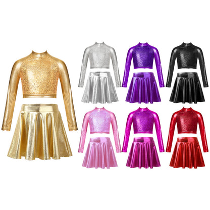 Girls Dance Metallic Long Sleeve Sequin Crop Top & Skirt (Age 6-14YRS)