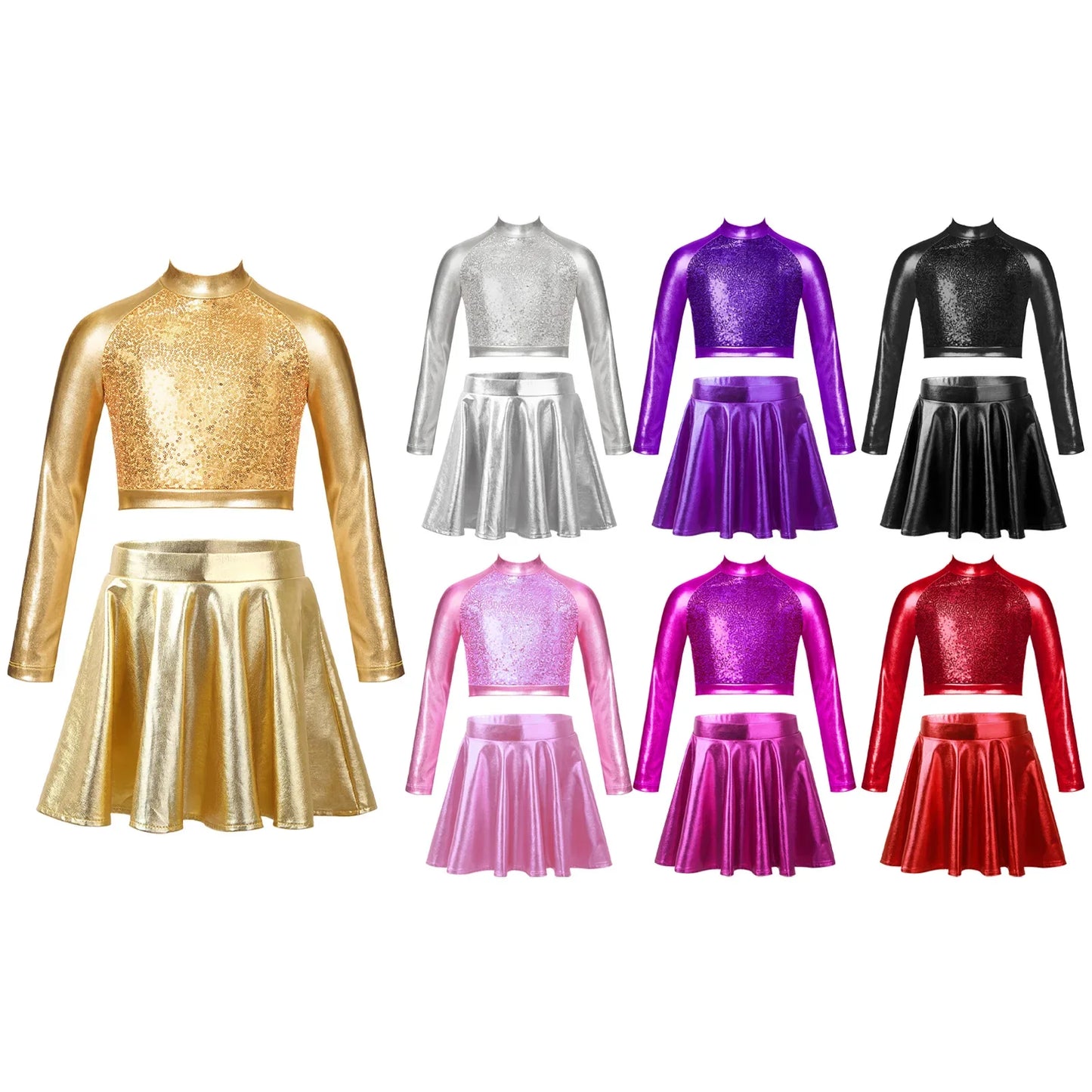 Girls Dance Metallic Long Sleeve Sequin Crop Top & Skirt (Age 6-14YRS)