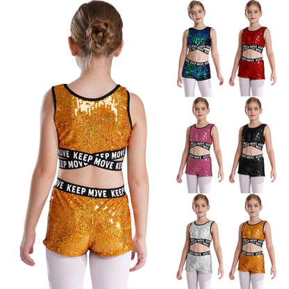 Girls Sequin Dance Top & Shorts Set (Age 4-16YRS)