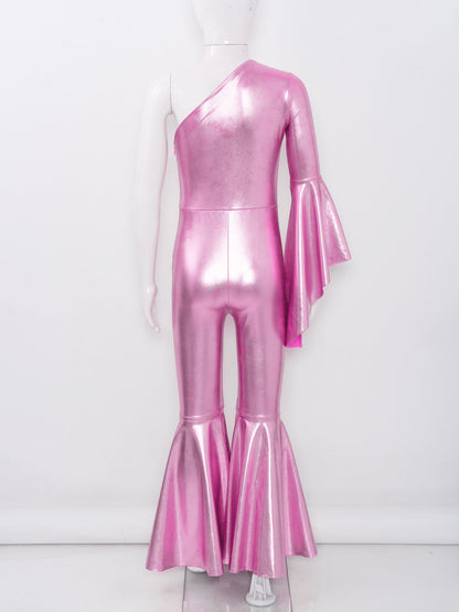 Girls Dance Metallic One Shoulder Bell-Bottom Jumpsuit (Age 6-16YRS)