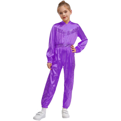 Girls Sequin Satin m Long Sleeve Zipper Jumpsuit (Age 6-16 YRS)