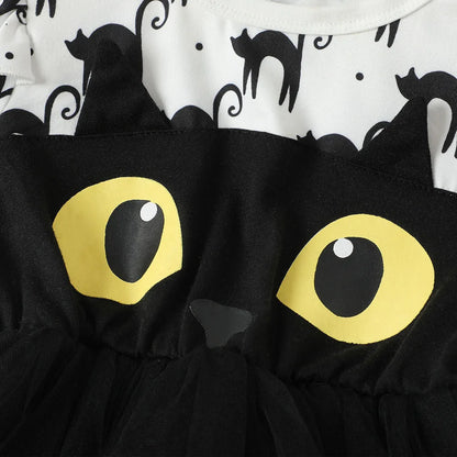 Halloween Infant Baby Girls Tulle Costume Cute Black Cat Lace Dress Ruffles Long Sleeve Princess Clothes Party Outfits