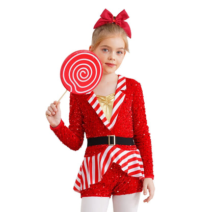 Girls Christmas Candy Cane Long Sleeve Sequin Stripe Costume (Age 6-16 YRS)