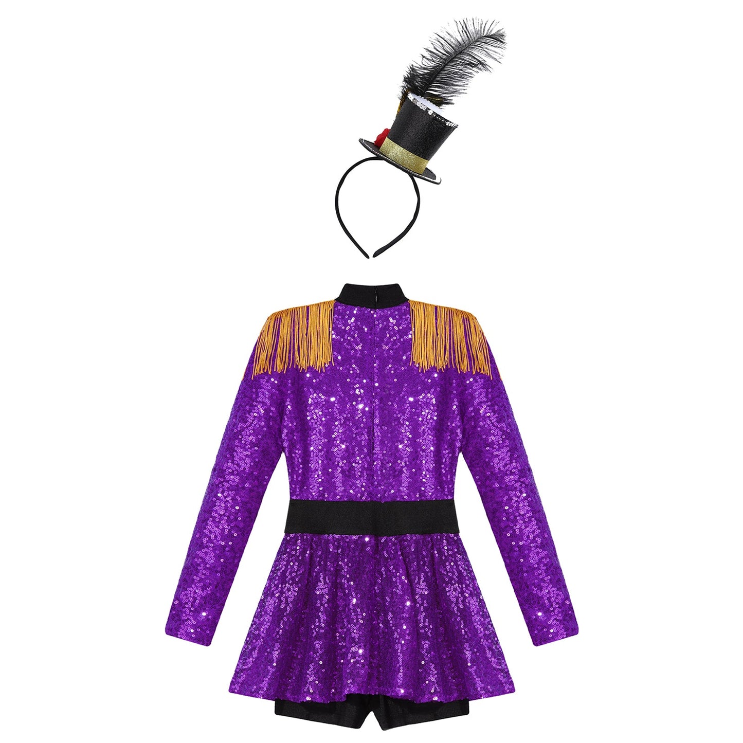 Girls Halloween Circus Ringmaster  Costume Long Sleeve Sequin Leotard Dress (Age 6-14YRS)