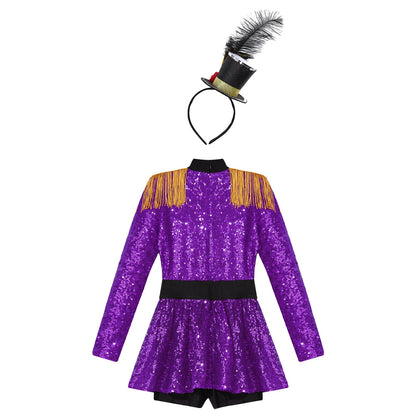 Girls Halloween Circus Ringmaster  Costume Long Sleeve Sequin Leotard Dress (Age 6-14YRS)