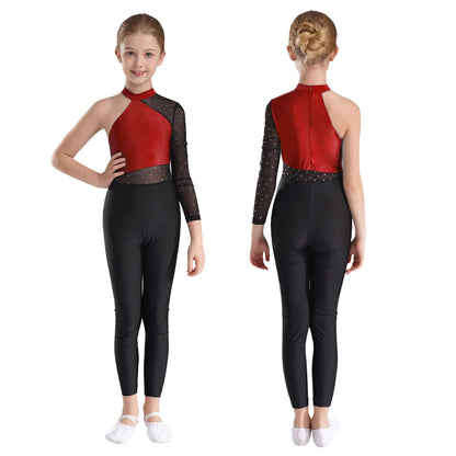 Girls Gymnastics Rhinestones Sheer Mesh Jumpsuit (Age 6-16 YRS)