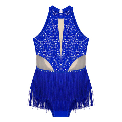 Girls Dance Costume Sleeveless Rhinestone Tassel Leotard (Age 6-16 YRS)
