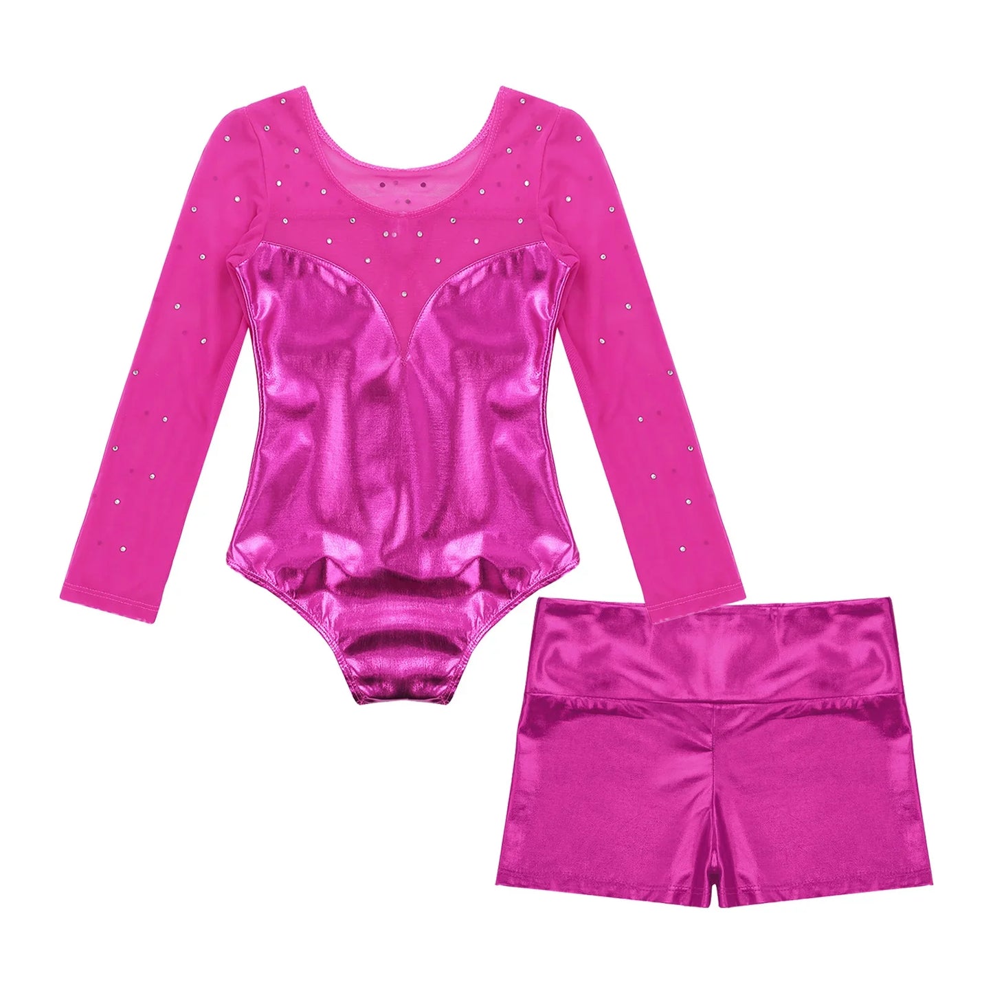 Girls Rhinestone Metallic Dance Bodysuit & Shorts Set (Age 4-12 YRS)