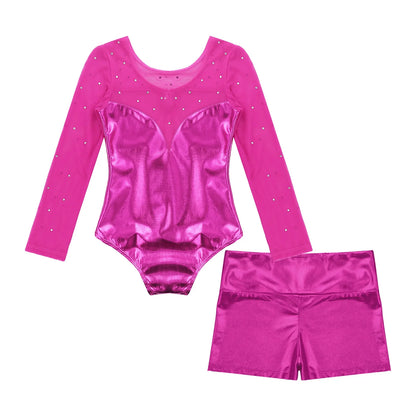 Girls Rhinestone Metallic Dance Bodysuit & Shorts Set (Age 4-12 YRS)
