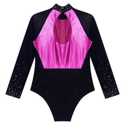 Girls Dance Performance Costume Long Sleeve Rhinestone Leotard (Age 6-16 YRS)