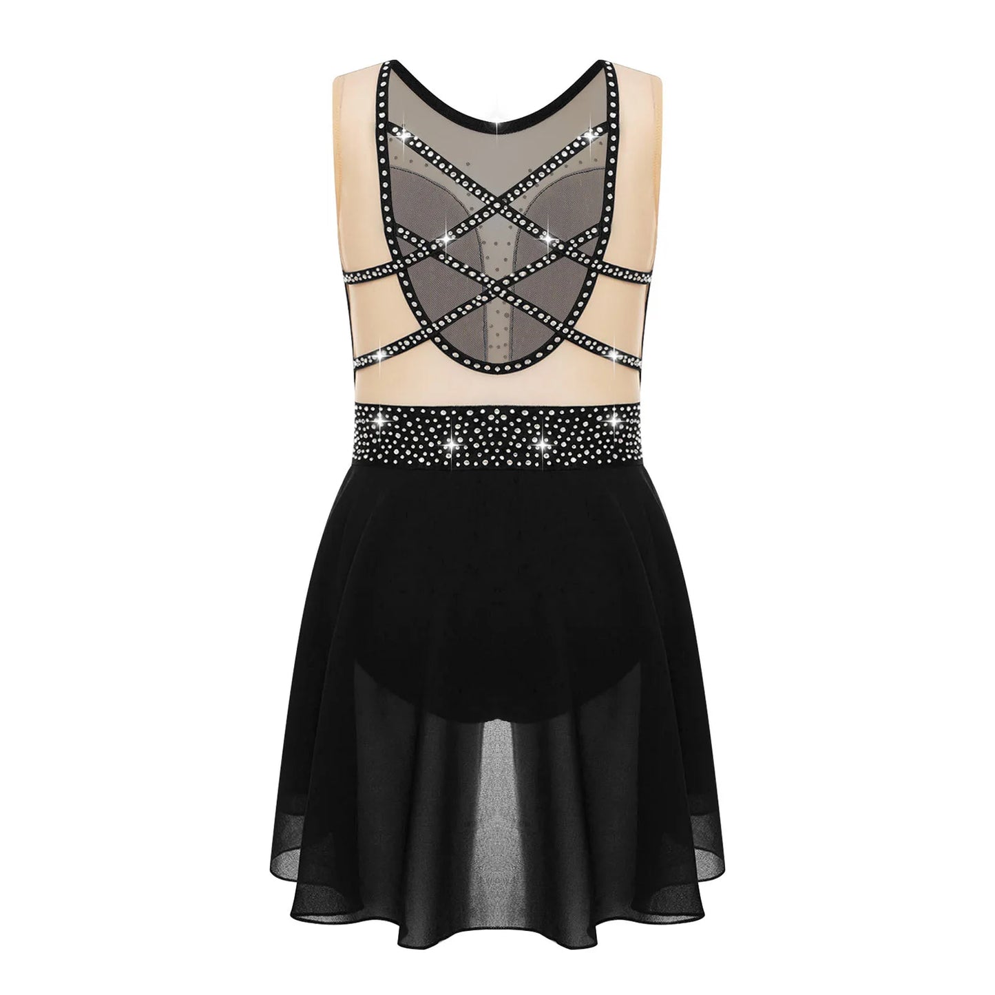 Rhinestone Gymnastics Figure Skating Dress for Teen Girls Sleeveless Sheer Mesh Tutu Ballet Leotard Lyrical Performance Costume