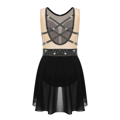 Rhinestone Gymnastics Figure Skating Dress for Teen Girls Sleeveless Sheer Mesh Tutu Ballet Leotard Lyrical Performance Costume