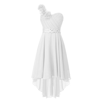 Girls Applique One-Shoulder Ruched Asymmetrical Hem Dress (Age 6-16YRS)